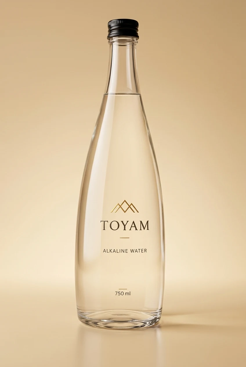 The TOYAM Alkaline Water 750 ml glass bottle with black cap and minimal gold-emblem label (design concept)