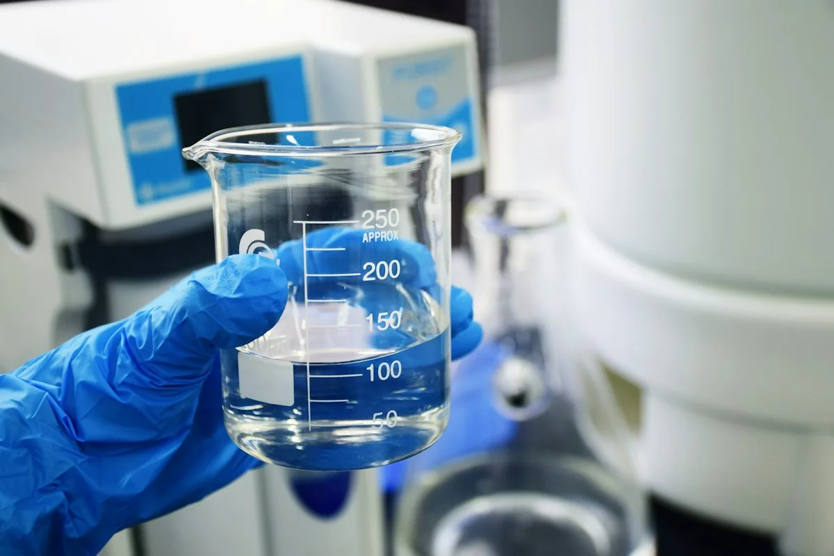 A gloved hand holding a beaker of water in a laboratory