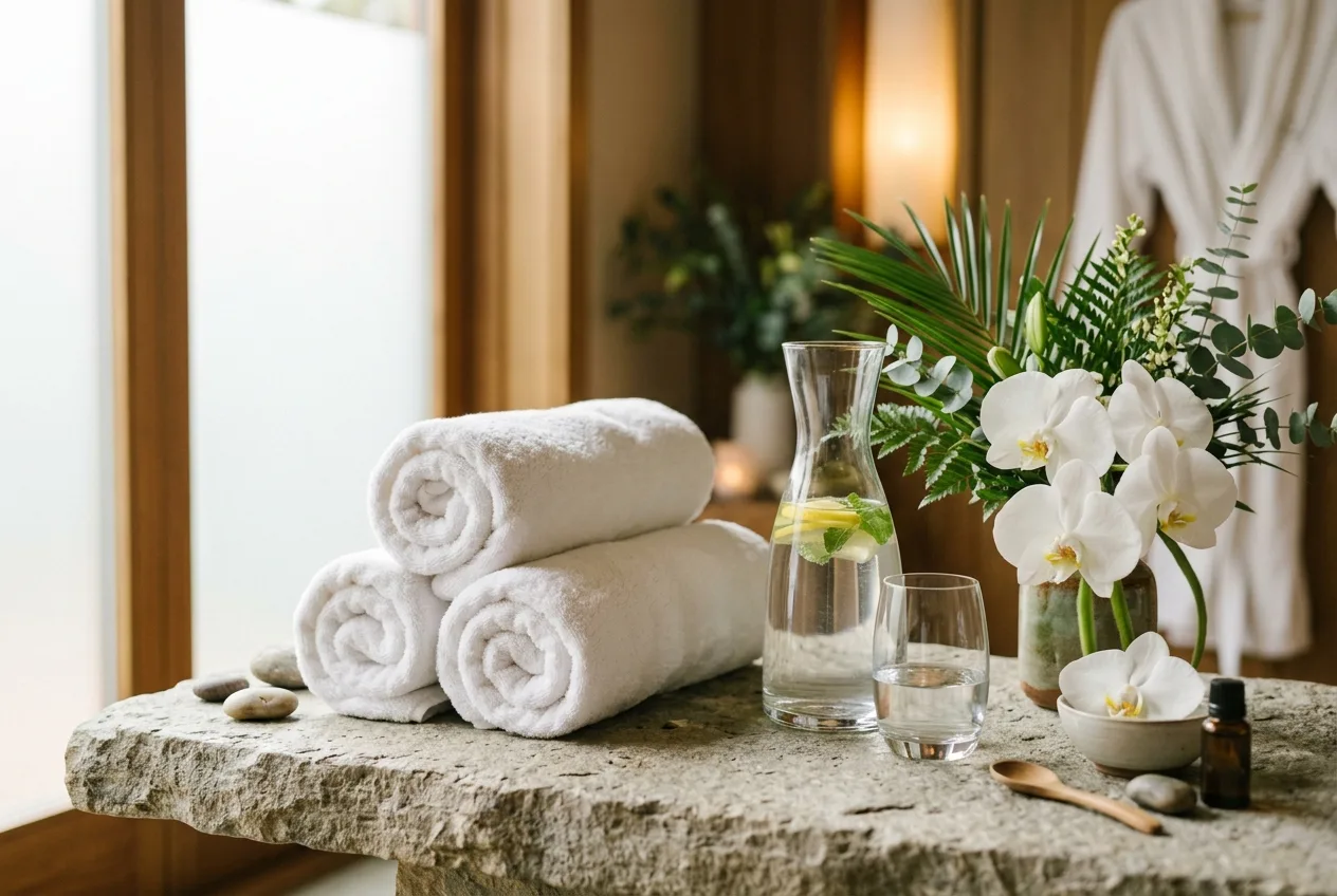 Rolled white spa towels beside a glass carafe and fresh greenery